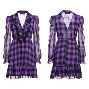 Vanessa Scott purple plaid tartan print long sleeves ruffle ruched dress size M